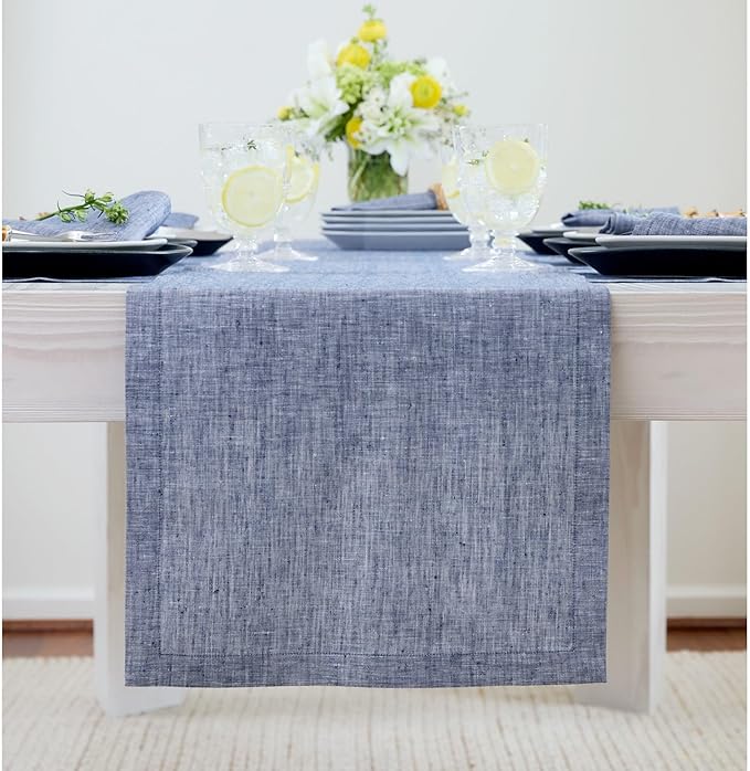 Solino Home Linen Chambray Indigo Table Runner 90 Inches Long - Athena, 100% Pure Linen Dining Table Runner 14 x 90 Inch for Winter, Spring, Easter