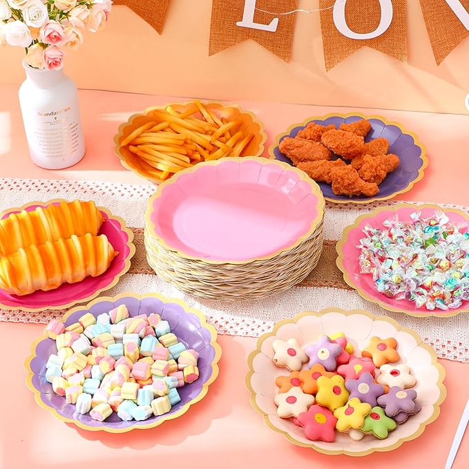 48 Pcs Purple Sun Paper Plates 9 Inch Gradient Scalloped Paper Plates Disposable Dinner Dessert for Birthday Wedding Bridal Party Supplies, 6 Colors
