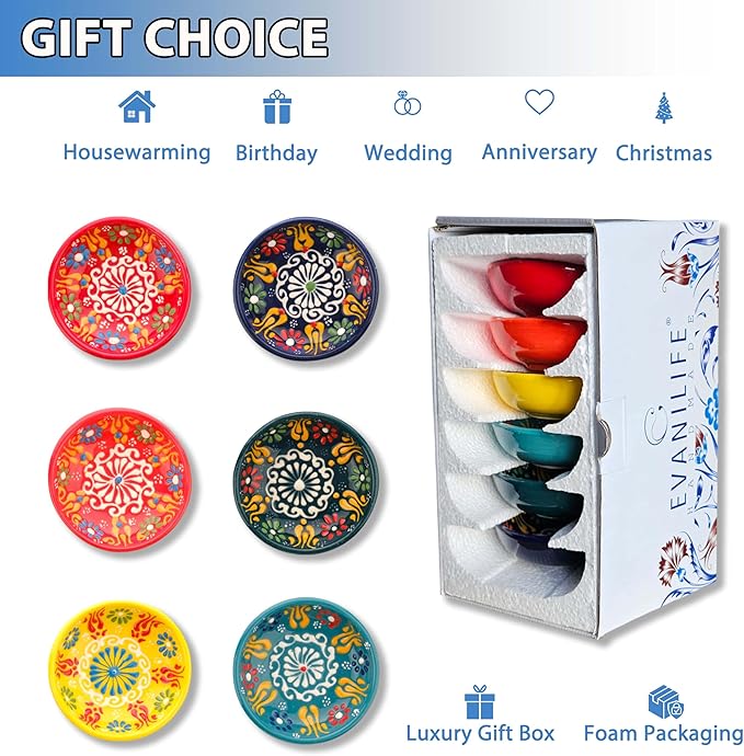 Ceramic Small Bowls, Dipping Bowls Set of 6, 2.5 Oz Soy Sauce Dish, Handmade Charcuterie Bowls, Colorful Pinch Bowls, Dishwasher & Microwave Safe Sauce Bowls, 3.3" Mini Bowls (SULTAN'S GARDEN)