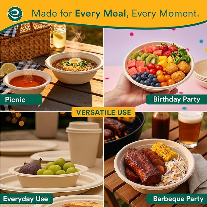 ECO SOUL 100% Compostable 16 Oz Soup Bowls [2 Packs of 100] Disposable Sturdy I Heavy Duty Paper I Eco-Friendly Salad Bowl I Biodegradable Large