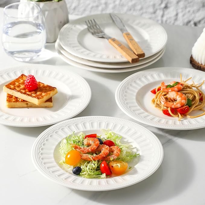 Neaylfe 8-Piece Ceramic Dessert Salad Plates, 8 Inch, Embossed Small Dinner Plates, Kitchen Porcelain Dish Ceramic Flat Plates for Appetizer, Pancakes, Dishwasher & Microwave Safe