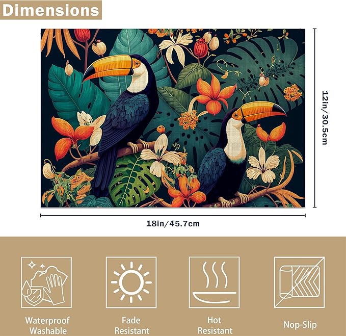 Placemats Set of 6 Tropical Forest Parrot Place Mats Washable Kitchen Dining Linen Table Mats Stain Heat, for Home Party Indoor 12x18 in