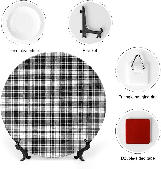 Decorative Plates, Abstract Decor Print Ornament, British Tartan Stripes Pattern, 10 Inch, 1 Plate with 1 Display Stand, Black White