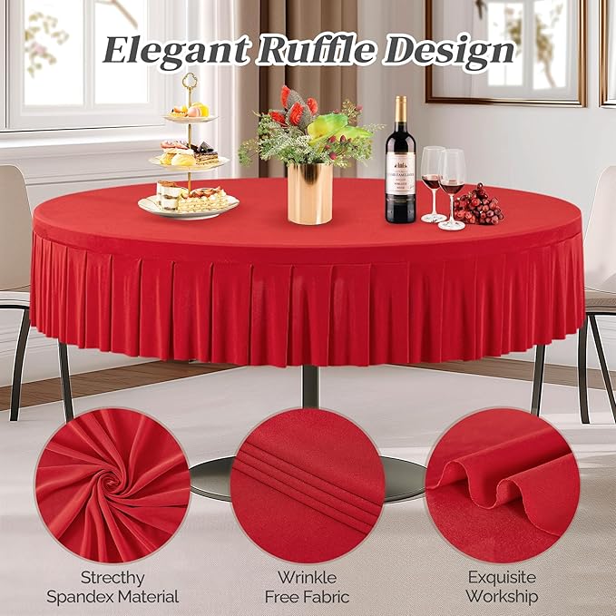 2 Pack Red Spandex Round Tablecloths for 60 inch Table - Stretchy Fitted 5FT Table Cloths with Skirt - Wrinkle Free for Wedding Party Dining Banquet