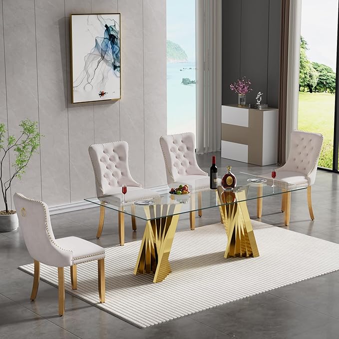 5 Piece Glass Dining Table Set,70" Dinner Room Glass Table Set for 4,Modern Kitchen Dinner Table Set with Stainless Steel Base and 4 Upholstered Velvet Dining Chairs for Living Dining Room