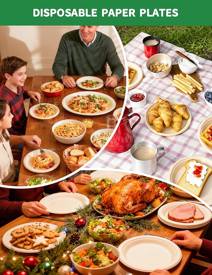 100% Compostable 9 Inch Paper Plates [150-Pack] - Heavy Duty Disposable Dinner Plates Made of Natural Bagasse, Biodegradable & Eco-Friendly for Parties, Wedding, Catering