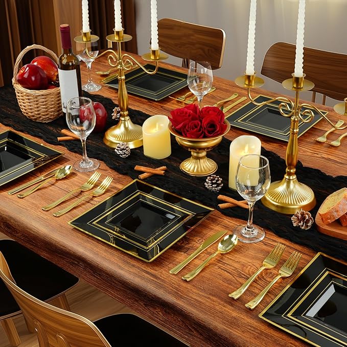 Goodluck 100 Black Pack Square Plastic Plates With Gold Rim, Heavy Duty 50 Dinner Plates 9.5" and 50 Dessert Plates 6.5", Fancy Disposable Plates for Wedding, Holiday Party, Birthday, Halloween