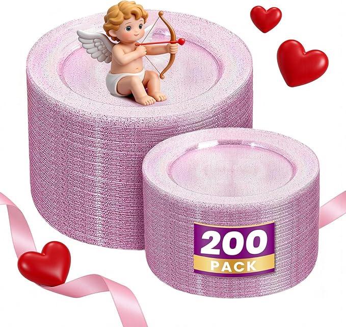 WDF 200PCS Pink Plastic Plates - Rose Gold Glitter Plastic Plates - Heavy Duty Pink Glitter Disposable Plates for Parties/Wedding/Valentine's Day