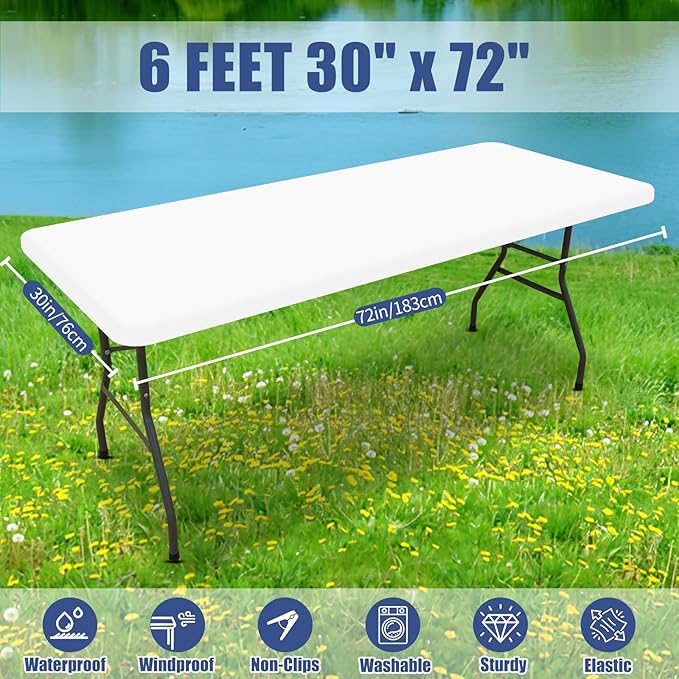 Spandex 6 Foot Rectangle Table Cloth 2 Pack, Elastic Fitted Tablecloths for Picnic, Stretch Washable Patio Table Cover for Outdoor, Camping, Banquet and Parties (White, 30"x72")