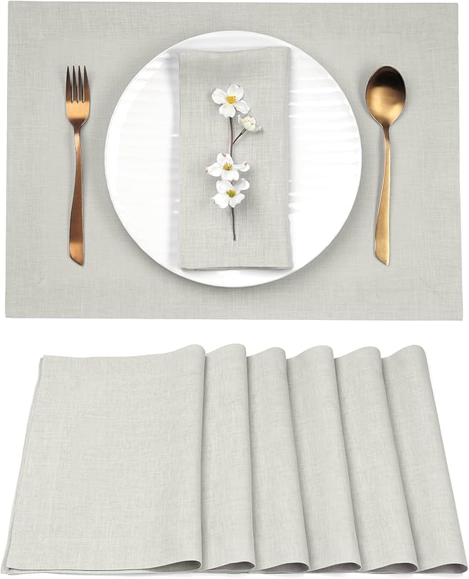 D'Moksha Homes Linen Placemats 14 x 19 Inch - Silver Grey Placemats Set of 6-100% Pure Linen Table Place Mats for Spring, Easter - Handcrafted and Machine Washable
