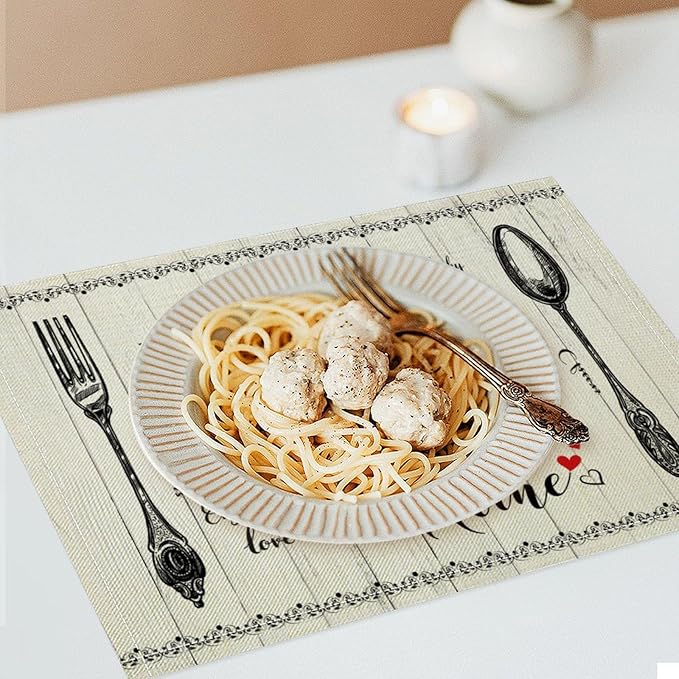 Retro Farmhouse Placemat Set, Minimal Black White Rustic Plank Art Sketch Cutlery Knife Fork Inspirational Quotes Pattern Home Decor Linen Table Mats for Dining Room Kitchen Party (17x12in) x6P