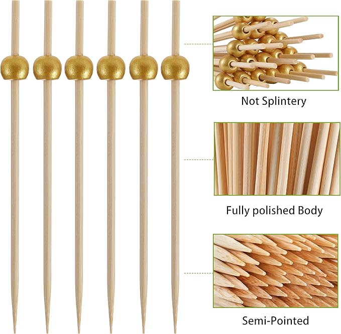 600 Pcs Cocktail Picks, 12 cm Toothpicks for Appetizers, Bamboo Cocktail Sticks Skewers for Drinks, Desserts, Charcuterie, Wedding Party Fancy Toothpicks, Gold Pearl Mini Food Picks Decorative