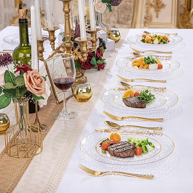 Rubtlamp 30Guest Plastic Gold Dinnerware Set, Gold Plastic Plates, Heavy Duty Disposable Dinnerware Include 30 Dinner Plate,30 Dessert Plates, 90 gold Silverware