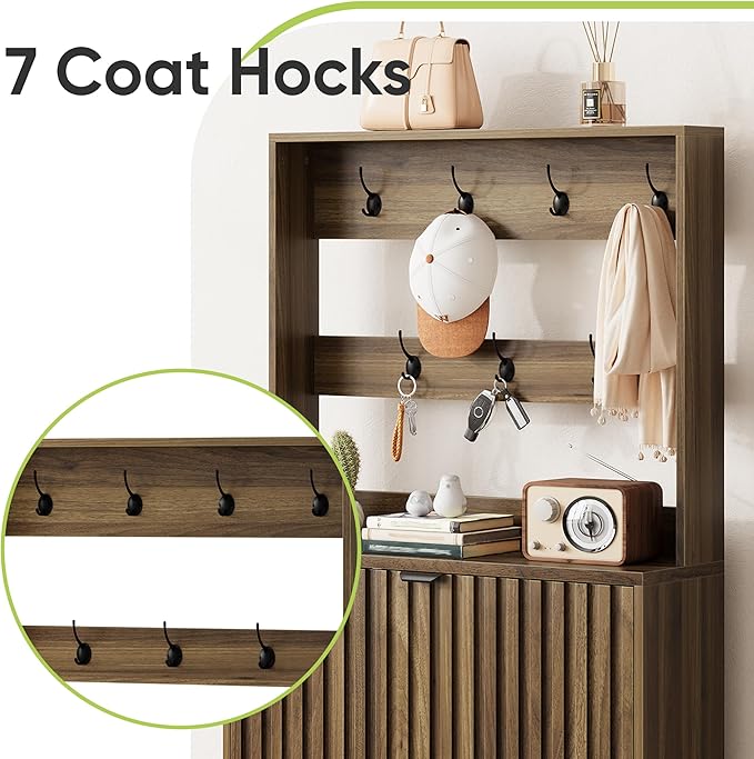Tall Shoe Cabinet with Coat Rack,Fluted Shoe Cabinet Storage for Entryway, Walnut Hidden Shoe Cabinet with Metal Legs,Shoe Organizer Cabinet, Slim Entryway Shoe Storage Cabinet （31.5in）