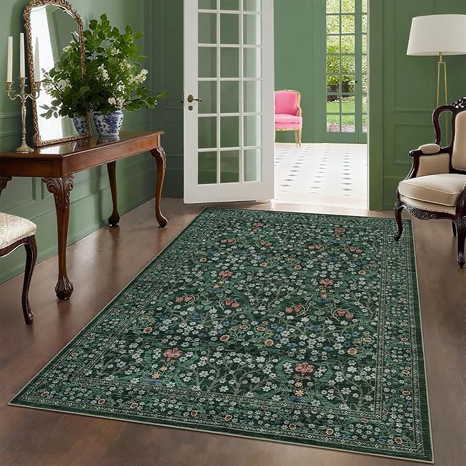 GarveeHome Floral Area Rugs 5x7, Washable Rug for Living Room, Bedroom, Low Pile Non Slip Stain Resistance Indoor Boho Carpet Mat for Farmhouse, Dining Room, Office, Dark Green