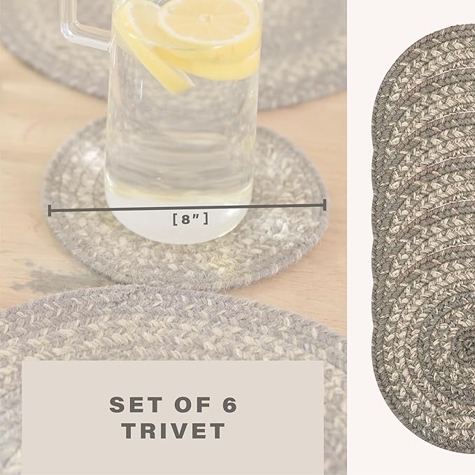 Homespice Grey Cloud Jute Braided Kitchen Trivets for Hot Dishes, Farmhouse Country Decor, Set of 6, Grey 8" Round Heat Resistant Mat - Rich Colors, Easy to Clean, Durable and Protects Furniture