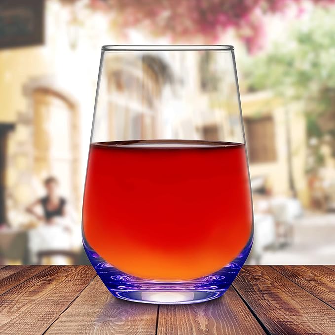 DISCOUNT PROMOS 10 Vaso Silicia Stemless Wine Glasses Set, 16 oz. - Clear, Orb-Like, Thick base - Purple