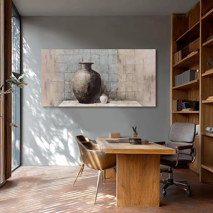 Abstract Wall Art Vintage Vase Still Life Textured Oil Painting Style Canvas Painting Framed Blue Gray Brown Wall Decor Rustic Artwork，Suitable for Decorating Living Rooms, Bedrooms, Dining Rooms, and Home Offices 20"X40"