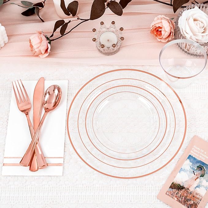 GATHER 350PCS Rose Gold Plastic Plates - Disposable Rose Gold Dinnerware Includes 100 Clear Rose Golds Rimmed Plastic Plates, 150 Silverware, 50 Napkins, 50 Cups for Party, Wedding, Valentine's Day