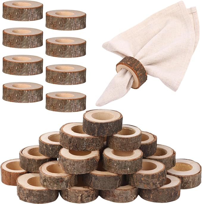 Tessco for you Set of 48 Handmade Wood Napkin Rings, Round Bark Napkin Ring Holders for Dining, Wedding, Birthday, Party, Table Decor, Home and Kitchen Decoration