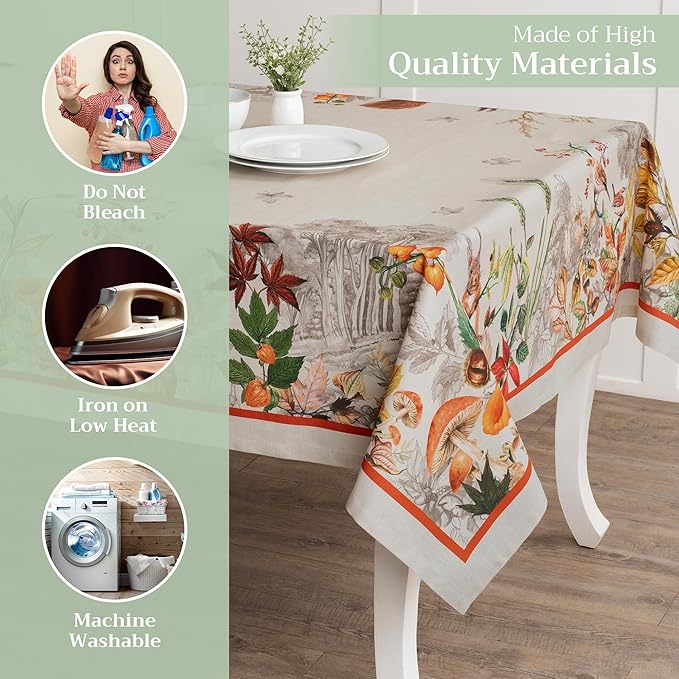 Maison d' Hermine Table Cloth Rectangle Table 100% Cotton 60 x 90 Inches Fall Tablecloth Reusable Everyday Use for Thanksgiving Christmas Decorations Dining Farmhouse Party (Recolte)
