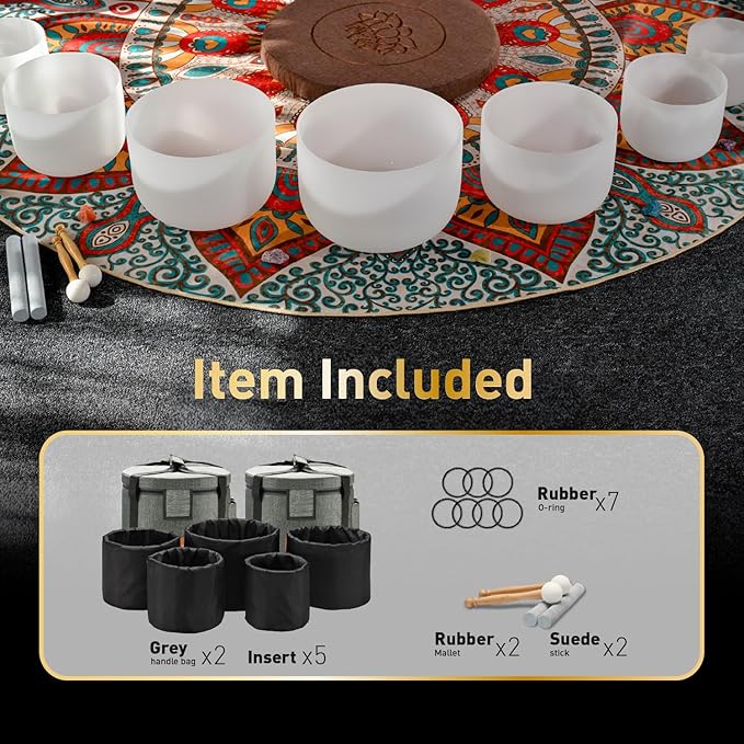 CVNC 432HZ 6-12 Inch Set Of 7 PCS Frosted Chakra Quartz Crystal Singing Bowls for Sound Healing with 2 PCS Travel Carry Case Bag