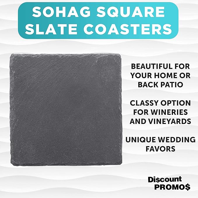 Sohag Square Slate Coasters Set of 10, Bulk Pack - Table Decor, Kitchen Decor, Wedding Favors - Black