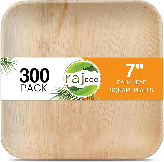 Raj Palm Leaf Plates 7" (300 Pack) Bulk Bamboo plates Disposable, Decorative Compostable Tableware for wedding, Lunch, Dinner, Birthday, Camping, Outdoor BBQ, Picnic