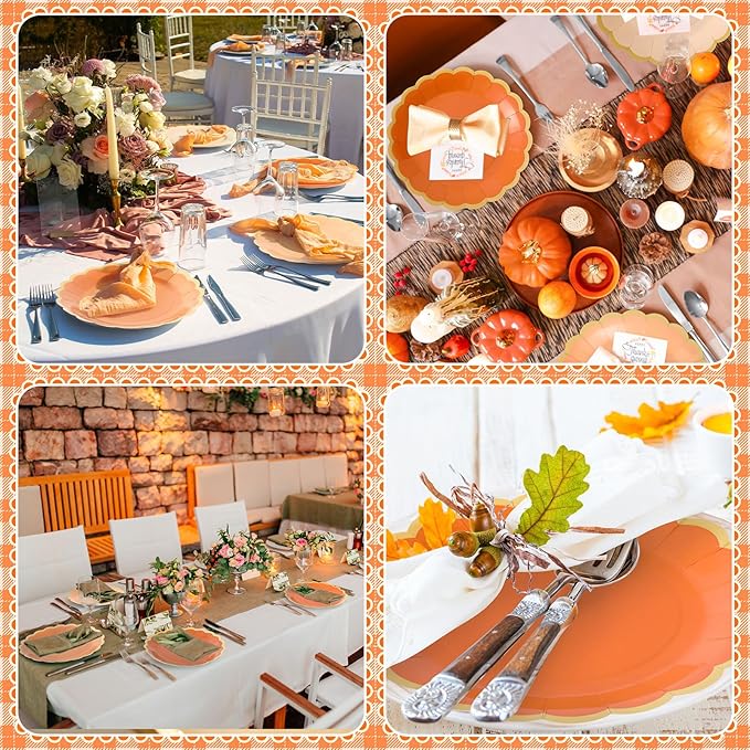96 Pcs Beige-orange Peach Fall Paper Plates 9 Inch Gradient Scalloped Paper Disposable Dinner Dessert Plates for Birthday Wedding Bridal Party Supplies, 6 Colors