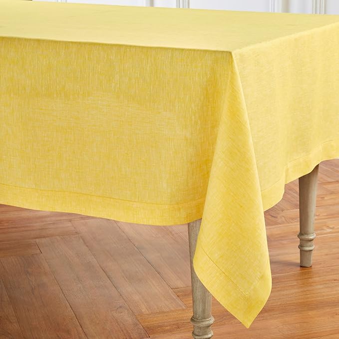 Solino Home Linen Tablecloth 60 x 90 Inch - 100% Pure Linen Chambray Lemon Yellow Table Cloth for Rectangular Tables - Athena, Machine Washable Cloth Tablecloth for Spring, Easter