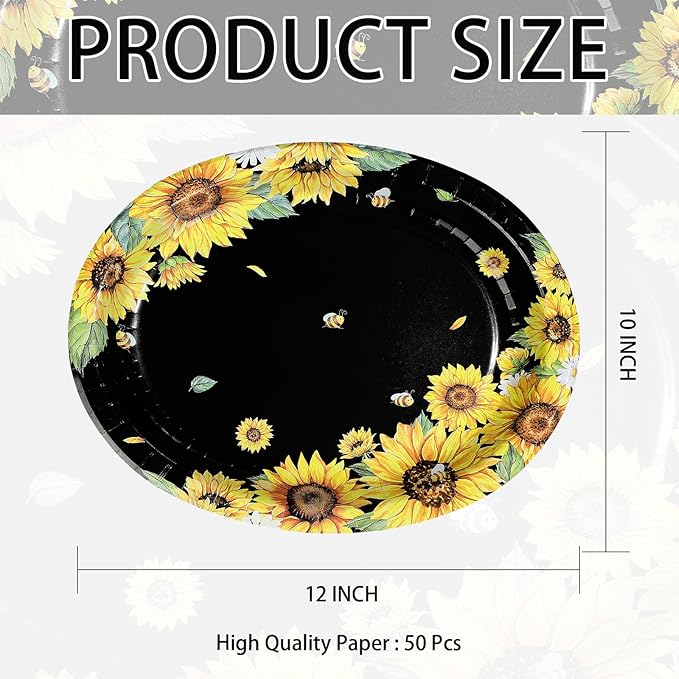 50Pcs Sunflower Bee Paper Oval Paper Plates 10" x 12" Large Disposable Heavy Duty Black Yellow Sunflower Bumble Bee Plates Dessert Platters for Spring Birthday Bridal Baby Shower Party Decorations