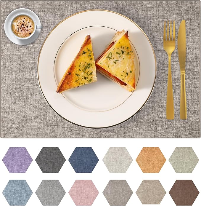 Faux Leather Placemats Set of 8 Washable PU Table mats for Kitchen Table - Heat Resistant, Waterproof, Easy Clean, Anti Slip 11.8" x 17" (Light Brown-8 Pack)