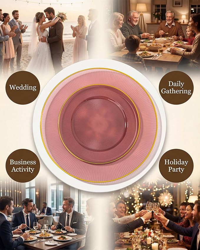 Hioasis 60pcs Burgundy and Gold Plastic Plates - Burgundy Disposable Dinnerware Set, 30pcs Dinner 10.25in & 30pcs Dessert 7.5in Plates with Striped Designs for Party & Wedding