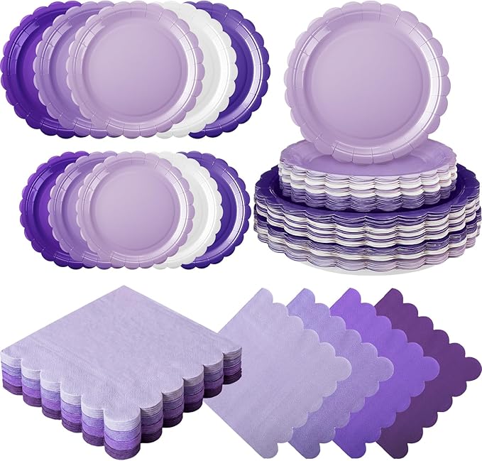 110 Pcs Purple Plates and Napkins Tableware Set Serve 25 Guests Includes Scalloped 9" 7" Paper Dessert Dinner Plate Purple Series Napkins for Spring Birthday Wedding Baby Shower Tea Party