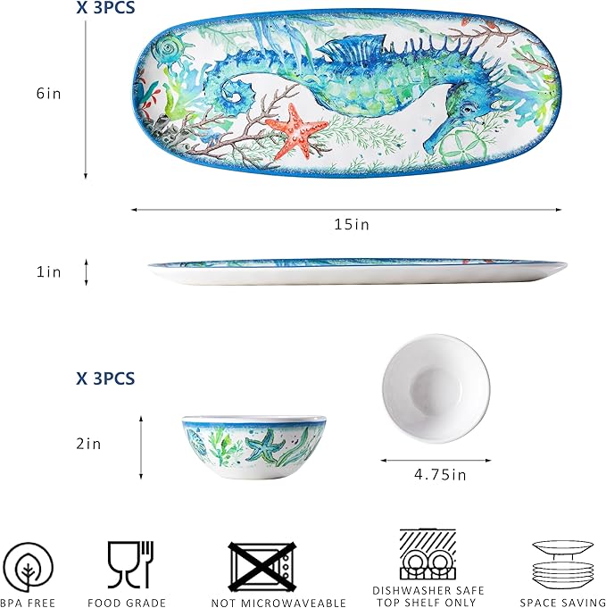 LEHAHA Coastal Chip and Dip Serving platter Set, Set of 3, Melamine Bowl and Tray Gift Set,Serving Dishes for Entertaining, Small Serving Bowls for Side Dishes, Salsa, Appetizers, Condiments.