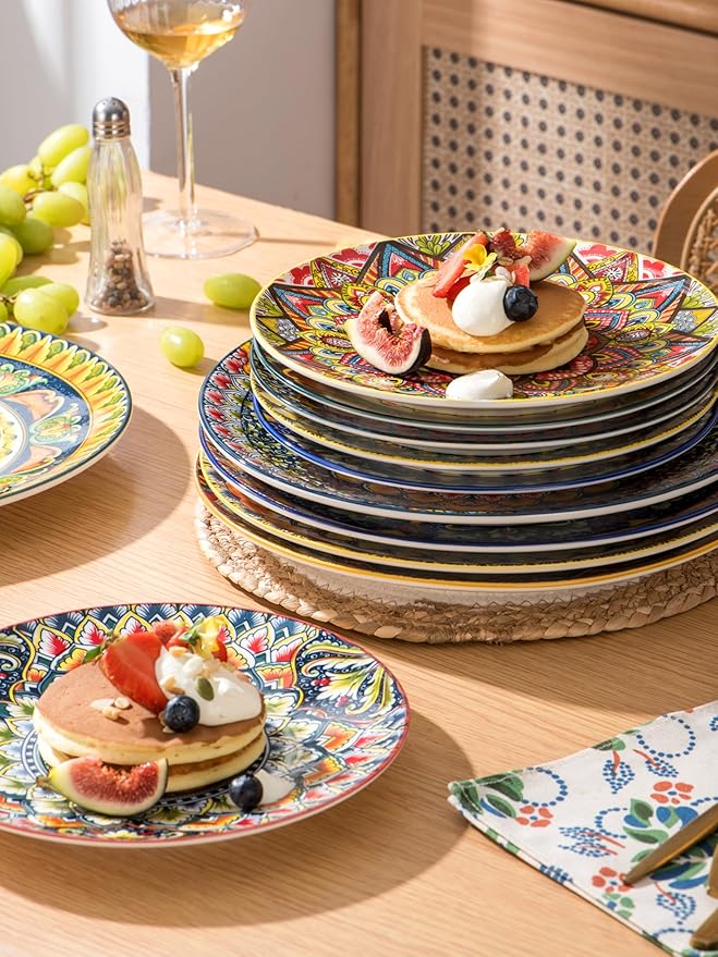 Henten Home Dinner Plates Set of 6, 10.5 Inch Porcelain Plate, Colorful Bohemian Serving Dishes for Kitchen, Pasta, Salad, Decorative, Microwave & Dishwasher Safe