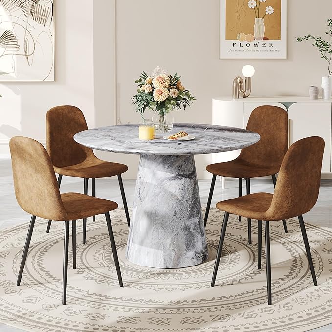 Round Dining Table Set for 4, 45" Modern Faux Marble Kitchen Table and Upholstered Chairs, 5 Piece Small Circle Dinette Set for Dining Room, Kitchen (Marble Gray Set)