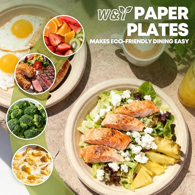 W&Y 100 Pack 9 Inch Paper Plates, Heavy-Duty Dinner Plates, Cut Resistant & 100% Compostable Disposable Paper Plate,Leak Proof & Microwave Safe for Parties, Weddings, Catering Events