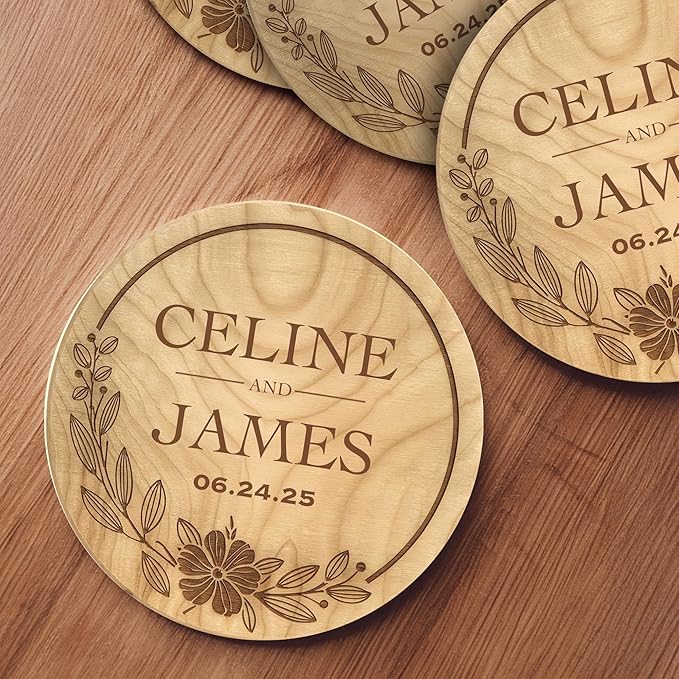 100 Pack Personalized Wedding Coasters, Custom Cardboard Coasters for Drinks with Photo Print and Text, Keepsake Wedding Favors and Gifts for Couples, 3.95" Round (Design 4)