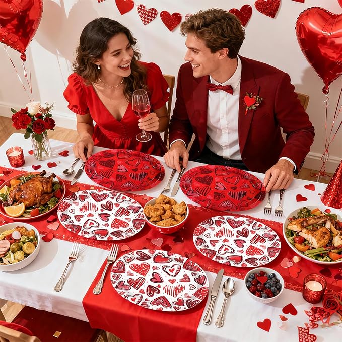 50Pcs Valentine’s Day Oval Paper Plates 10" x 12" Large Heavy Duty Watercolor Red Heart Disposable Plates Valentines Dessert Platters for Anniversary Wedding Birthday Party Supplies Decor