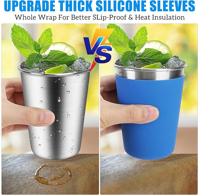 Kids Stainless Steel Cups, 12oz Kids Metal Drinking Glasses with Lids and Sleeves, Unbreakable Spill Proof Cups for Kid and Adult, Stacking Sippy Cups for Hot Chocolate & Cold Drinks 5Pack