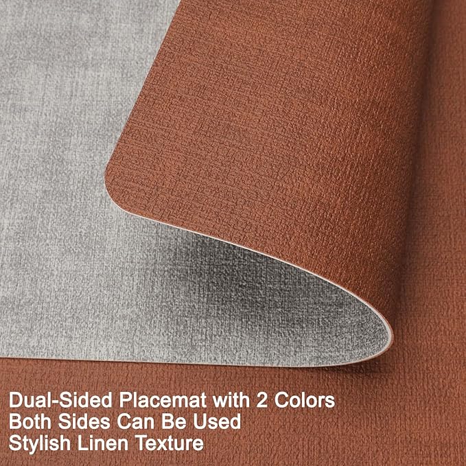 Myir JUN Reversible Vinyl Placemats Set of 6, Faux Leather Place Mats Dual Sided Waterproof Wipeable, Heat-Resistant Table Mats for Kitchen Dining Indoor Outdoor (12" x 17", Light Gray Reddish Brown)