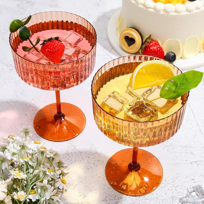 12 Pcs Ribbed Martini Glasses 10 oz Disposable Plastic Vintage Ribbed Coupe Glasses Unbreakable Dessert Parfait Glassware for Wedding Birthday Party Supplies (Brown)