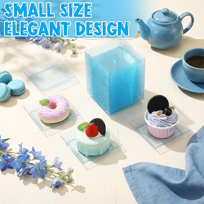 Zhehao 100 Pcs Plastic Dessert Appetizer Plates Disposable, 3.6 x 3.6 Inch Small Square Plastic Dessert Cake Plate for Party, Valentine's Day Wedding Birthday Bridal Baby Shower Supplies (Blue Clear)