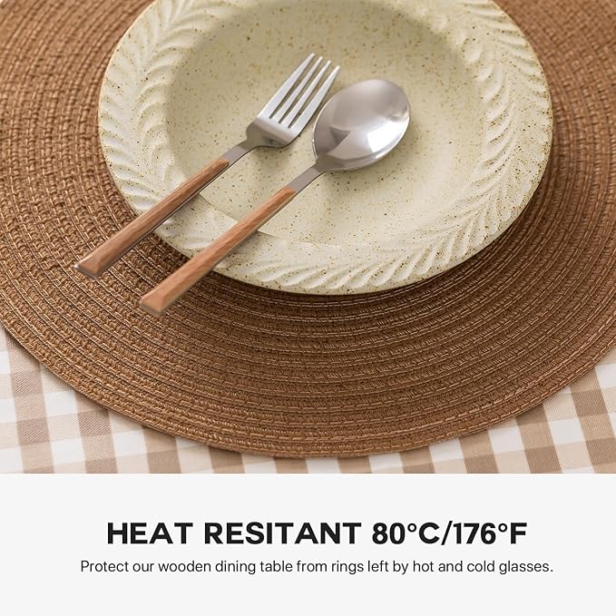 Round Placemats Set of 4 Woven Placemats Washable Braided Table Mats for Dining Table Heat Resistant Non-Slip Circle Place Mats(Brown)