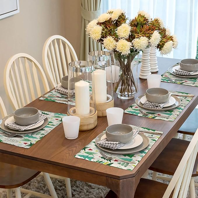 Christmas Placemats Set of 4 Sage Green Christmas Trees Decor Place Mats 12x18 Inch Snowflake Xmas Winter Holiday Decorative Linen Table Mats for Home Kitchen Dining Party Table Decoration