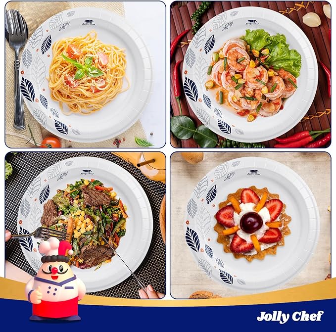 JOLLY CHEF 140 Count Paper Plates 10 inch Soak Proof, Cut Proof, Heavy Duty Leaf Printed Disposable Paper Plates for Everyday Use