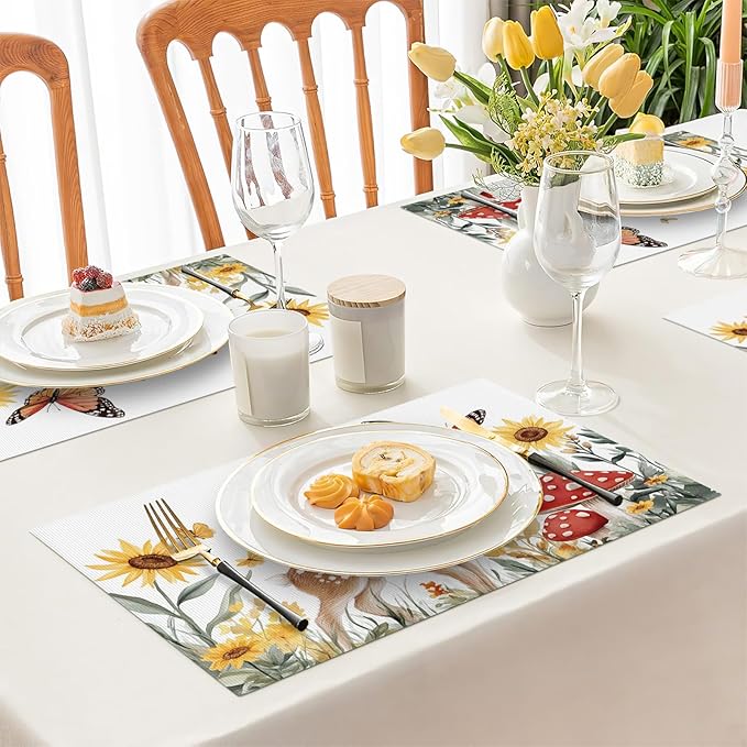 Cute Deer Placemats Set of 6, Sunflower Butterfly Place Mats, Sika Deer Waterproof Washable Table Mats for Home Party Indoor Kitchen Dining Table Decoration 12x18 Inch