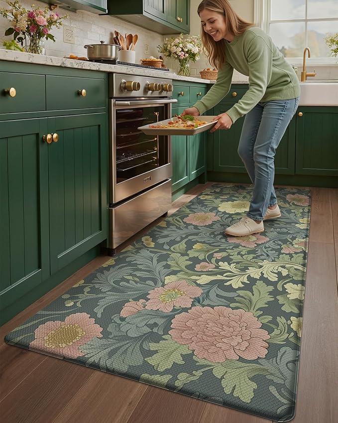 Color&Geometry Floral Kitchen Mat 24"x59", Anti Fatigue Mats for Kitchen Floor, Kitchen Rugs Non Slip, Waterproof & Oil Proof Kitchen Runner for Standing Desk Office, Sink - Dusty Blue