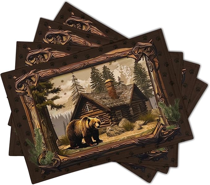 Bear Placemats Set of 4 - Lodge Cabin Place Mats 12x18 Inch Rustic Farmhouse Wild Animal Table Mats Country Woodland Kitchen Mats for Dining Table